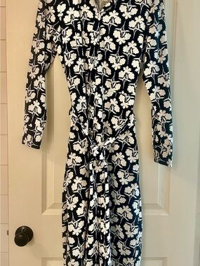 Boden Navy and White Floral Wrap Dress with Long Sleeves